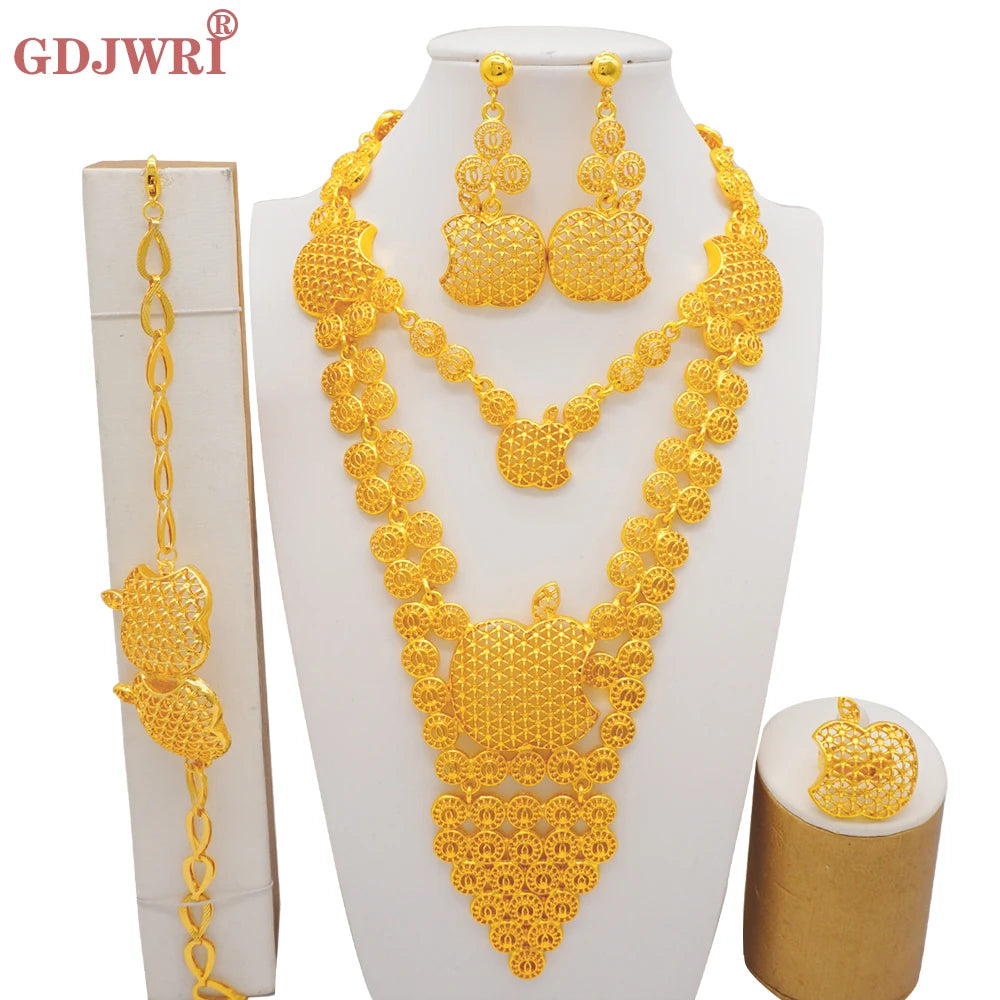 Necklace Sets For Women Dubai African Gold Color Jewelry Set Bride Earrings Rings Indian Nigerian Wedding Jewelery Set Gift