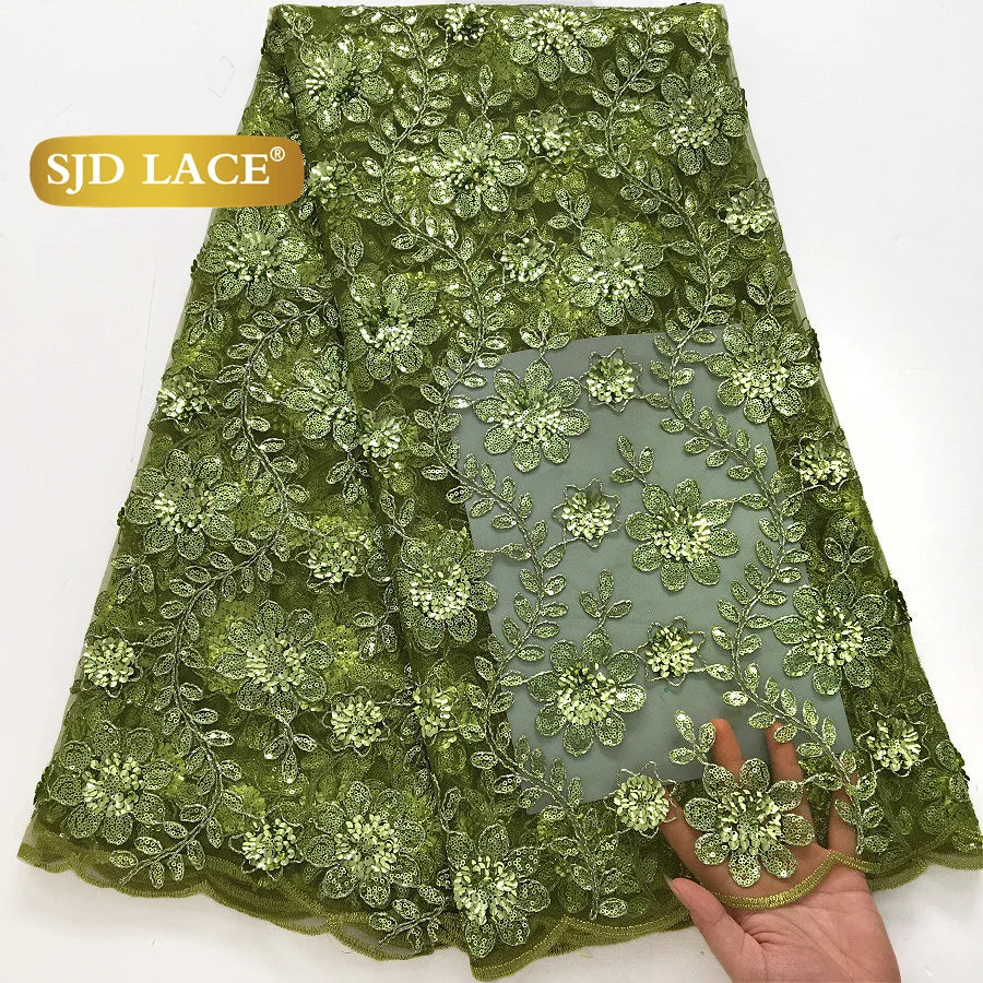 SJD LACE African Green Sequins Mesh Woman Lace Fabric High Quality 2025 Nigerian French Net Lace for Sewing Wedding Dresses 3735