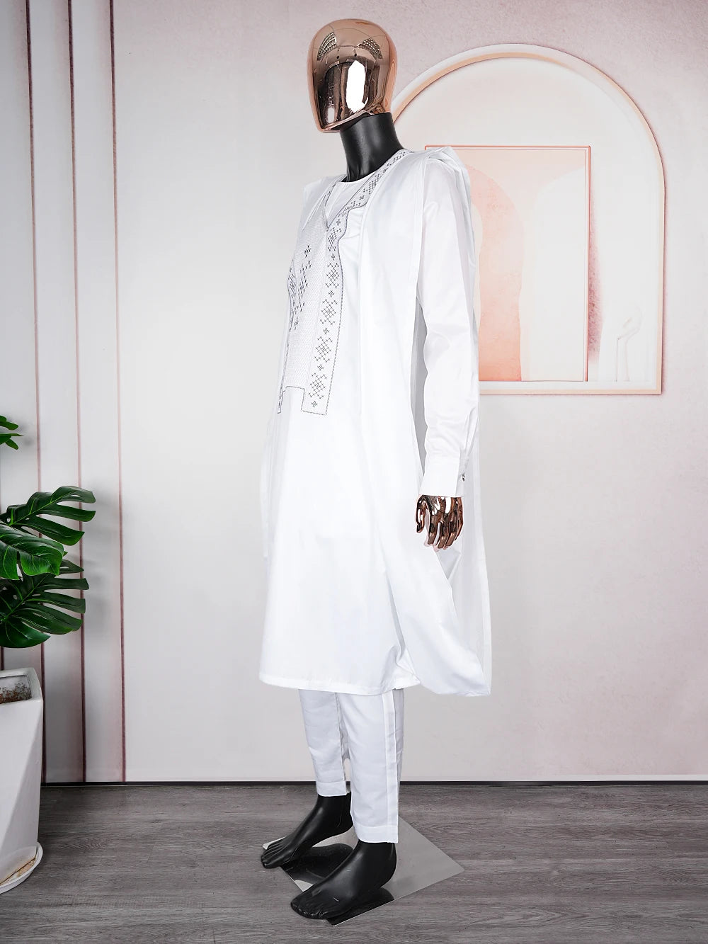 H&D African Clothes for Men White Tradition Wedding Party Clothing Robe Embroidery Shirt Pants 3 Pcs Set Dashiki Agbada Ramadan