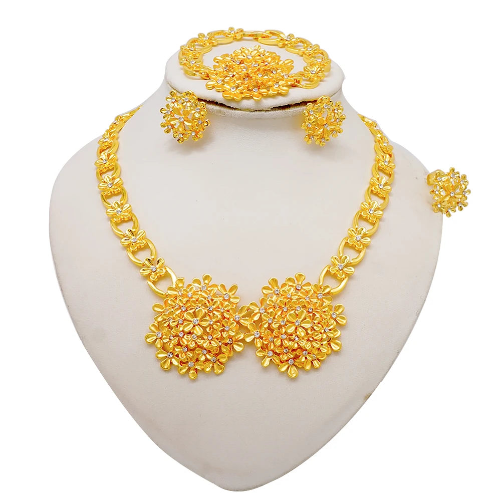 Nigeria Dubai Gold Color Fine Flowers Jewelry Sets African Wedding Gifts Party For Women Bracelet Necklace Earrings Ring Set