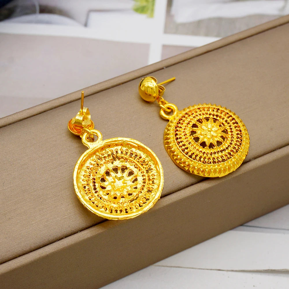 African Ladies Dubai 24k Gold Plated Long Necklace Set Bridal Banquet Wedding Jewelry Set Accessories