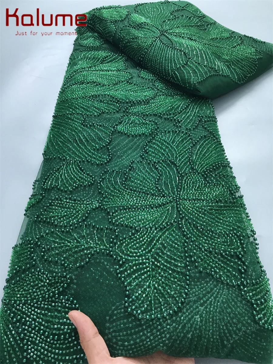 Kalume Green French Mesh Lace Fabric Beads African Lace Fabrics Nigerian Mesh Lace Fabric For Diy Dresses Party Wedding F4034