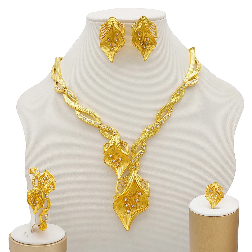 Nigeria Dubai Gold Color Fine Flowers Jewelry Sets African Wedding Gifts Party For Women Bracelet Necklace Earrings Ring Set