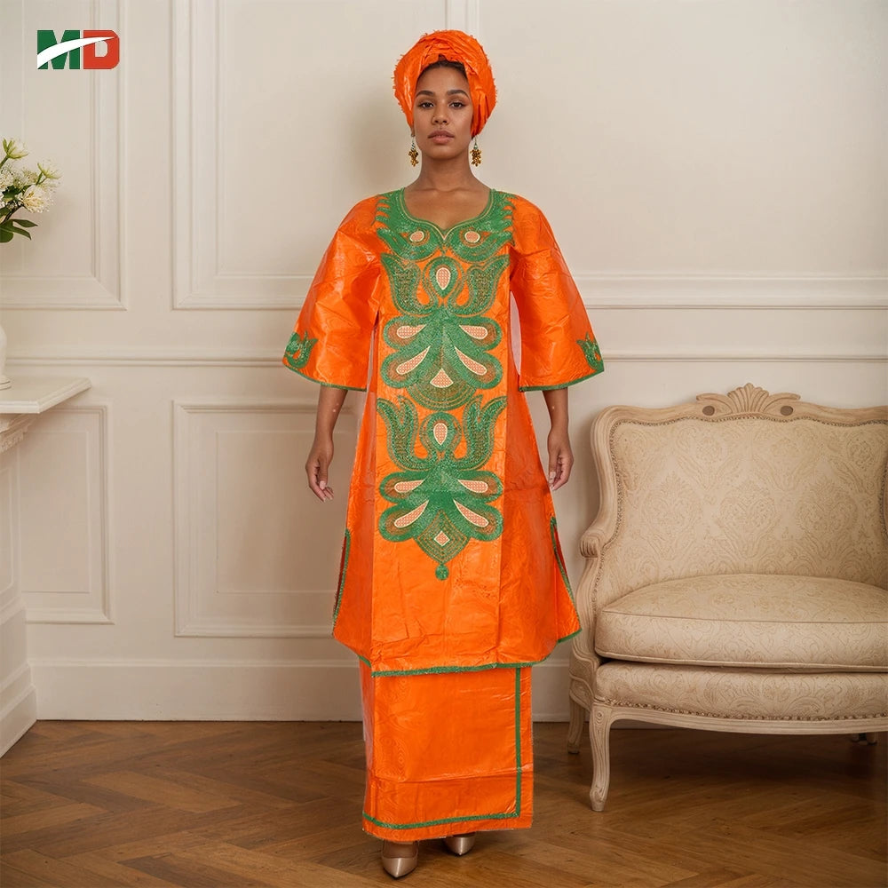 MD African Clothes For Women 2 PCS Sets Tops And Skirts Suits Bazin Riche Gown Dashiki Ankara Turkey Outfits Plus Size Dresses