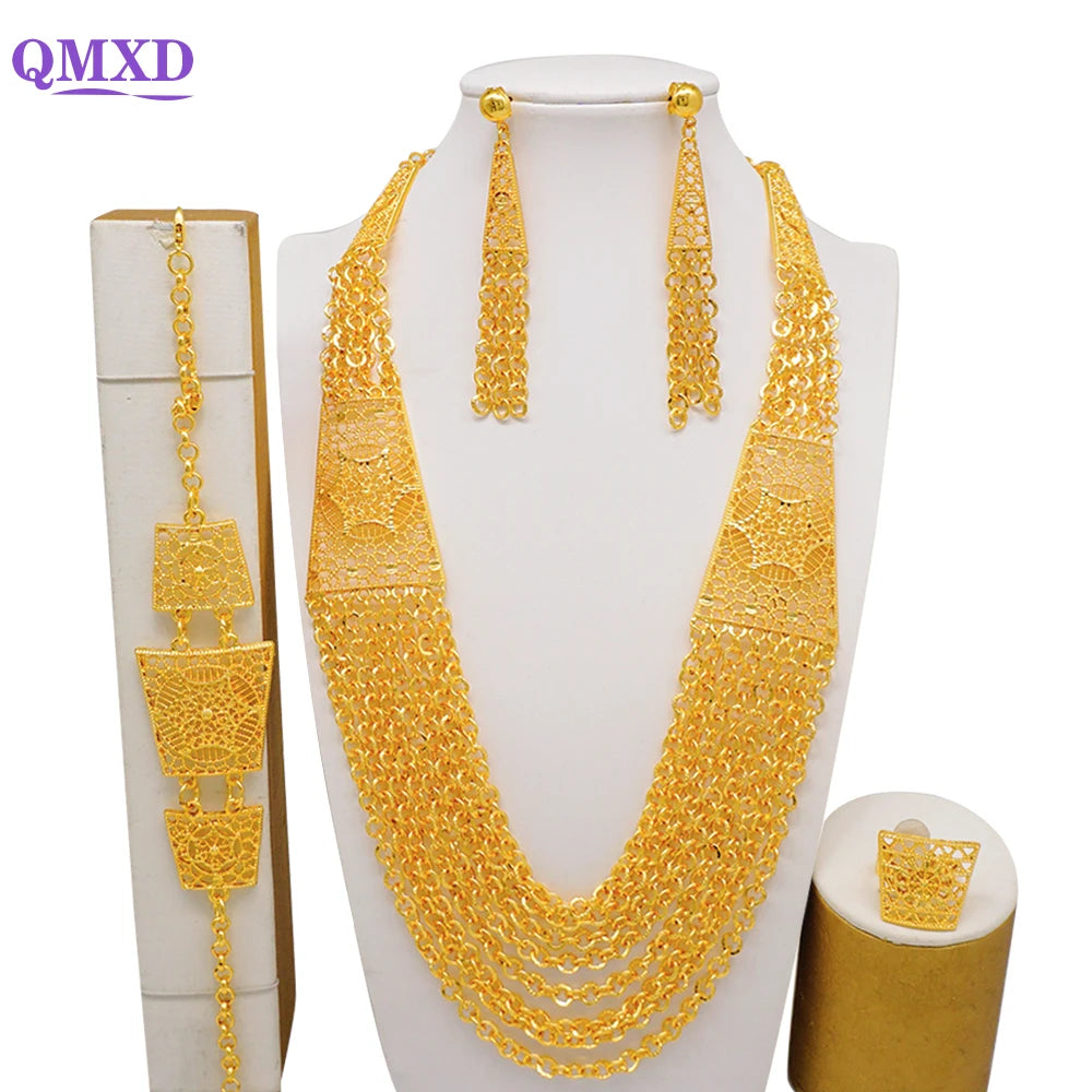 Trendy Nigerian Dubai Gold Color Jewelry Set For Women Tassel Long Chain Bridal Long Necklace Bracelet Earring Ring Wedding Sets