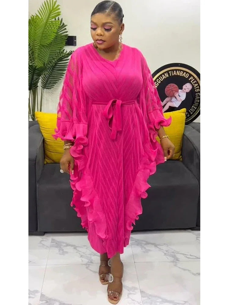 ANLAN Ruffles Pleated Dress Women V Neck Hanging Loose Style Dresses with Belt Female Elegant Clothing Spring 2025 New 2AN9083