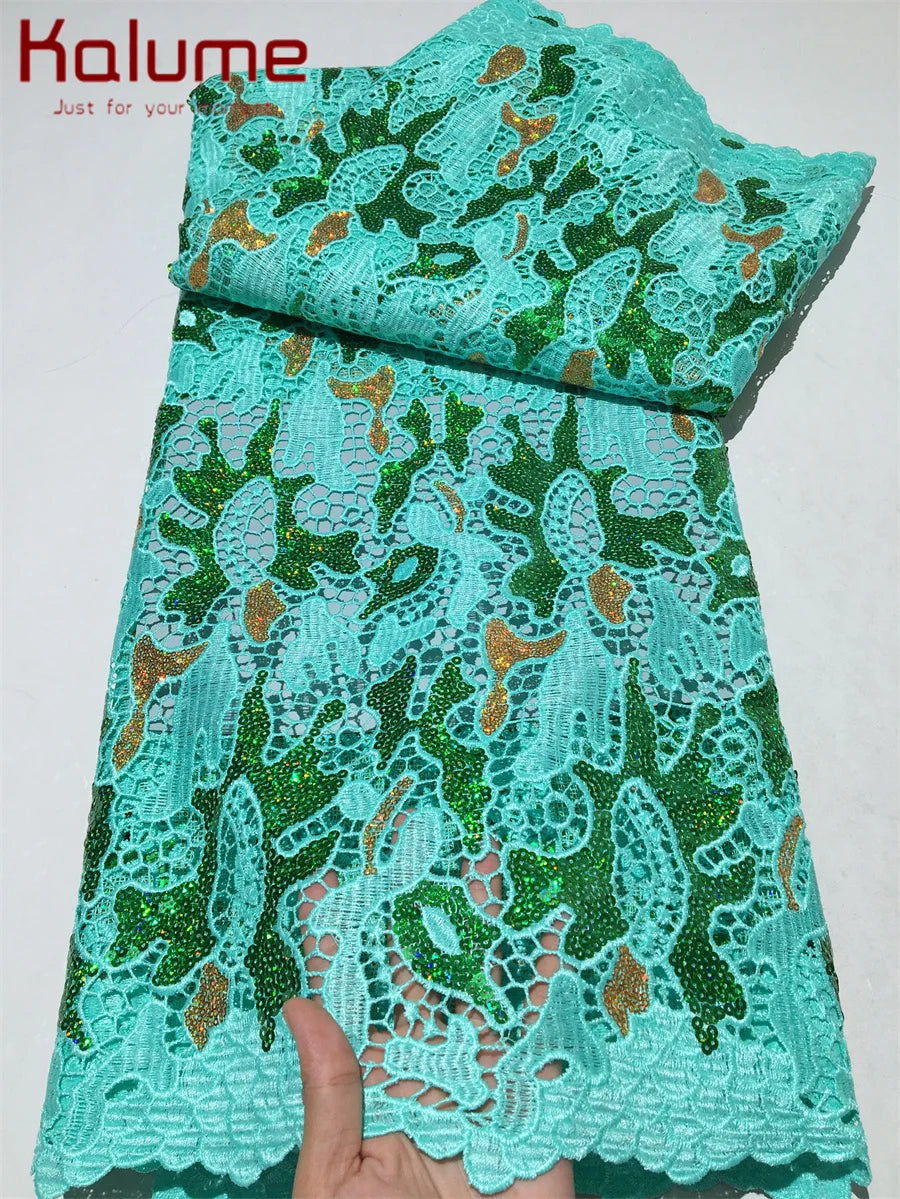 Kalume African Sequins Lace Fabric 2025 High Quality Material Nigerian Guipure Cord Lace Fabric for Party Dress Sewing F4058