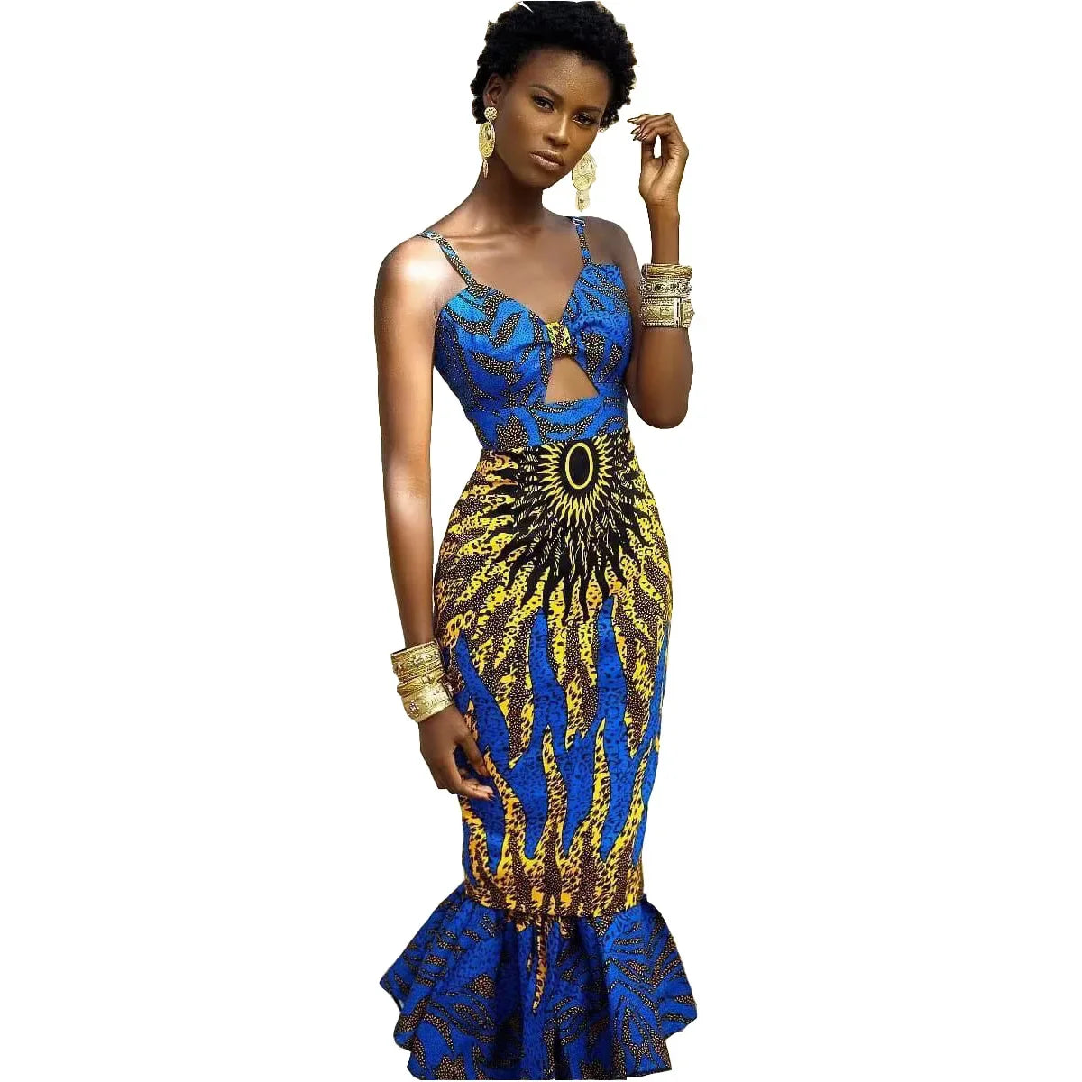 African Women's Clothing Bodycon Hollow Out Printed Dress Fishtail Suspenders Maxi Skirt Banquet Party Dress Slim Fit Hollow Out