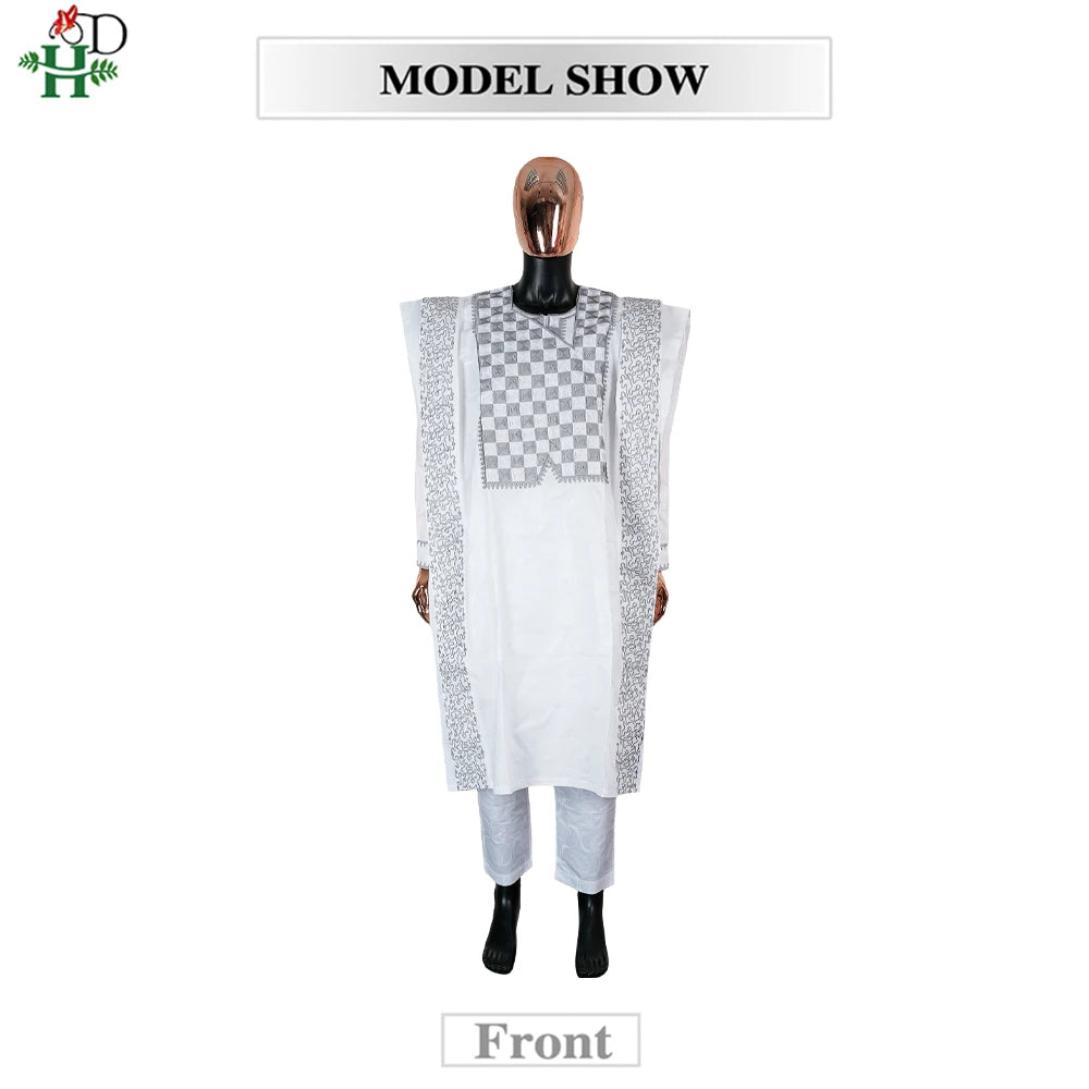 H&D New In African Summer Men's Long Sleeve Suit White Embroidery Dashiki Shirt Pants Sets 3 Pieces Outfits Wedding Party 2025