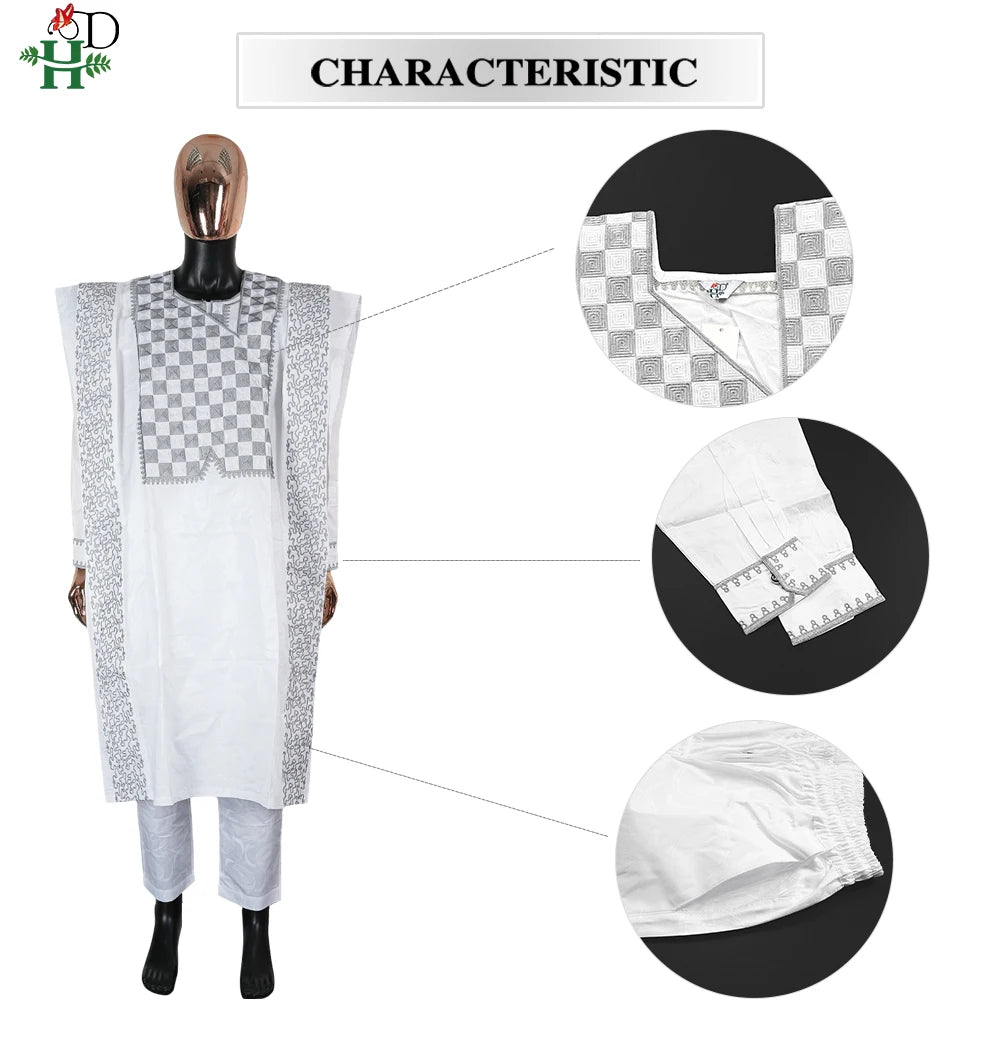 H&D New In African Summer Men's Long Sleeve Suit White Embroidery Dashiki Shirt Pants Sets 3 Pieces Outfits Wedding Party 2025