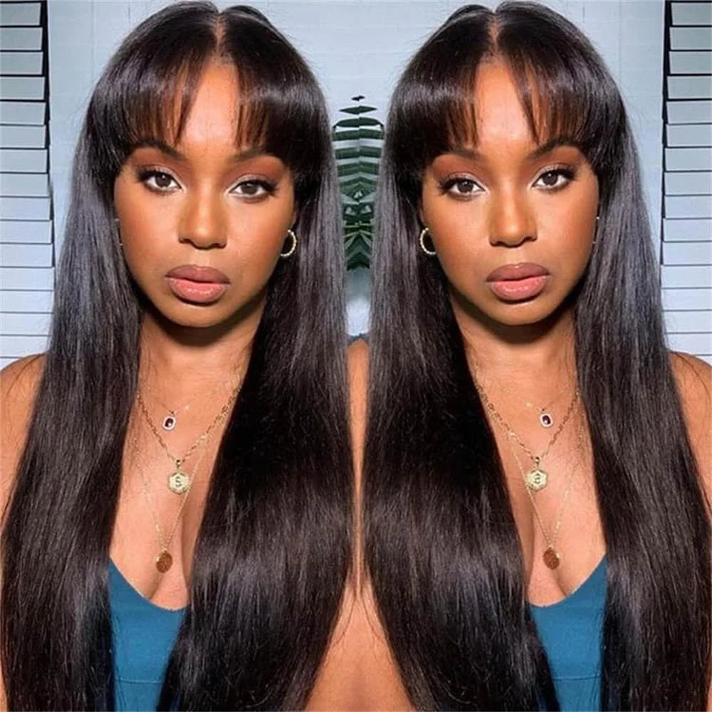 Silky Straight Human Hair Wigs With Bang Full Machine Made Wigs 8-30inch Natural Color AHJF Peruvian Remy Human Hair Wigs 180%
