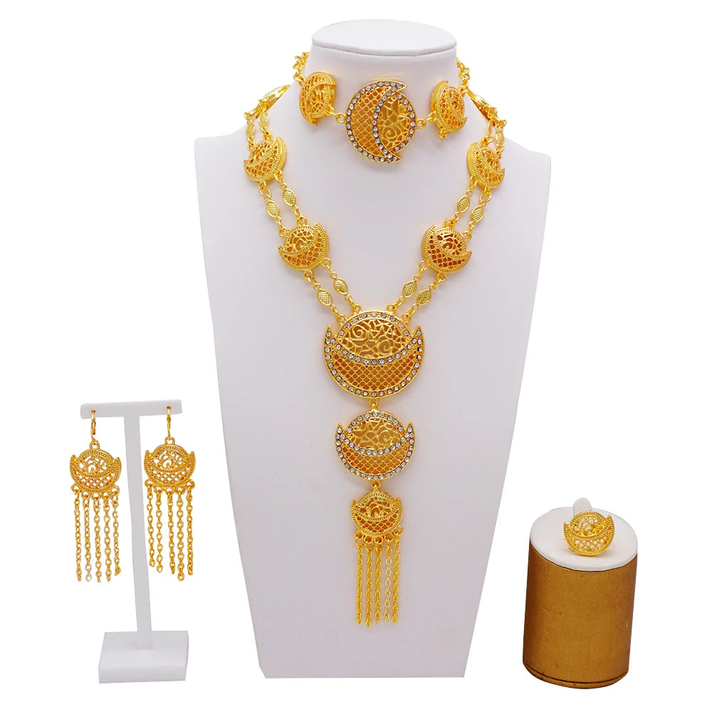 Dubai Gold Color Jewelry Set For Woman Bridal Nigerian African Long Chain Necklace Earrings Bracelet Ring Jewellery Set