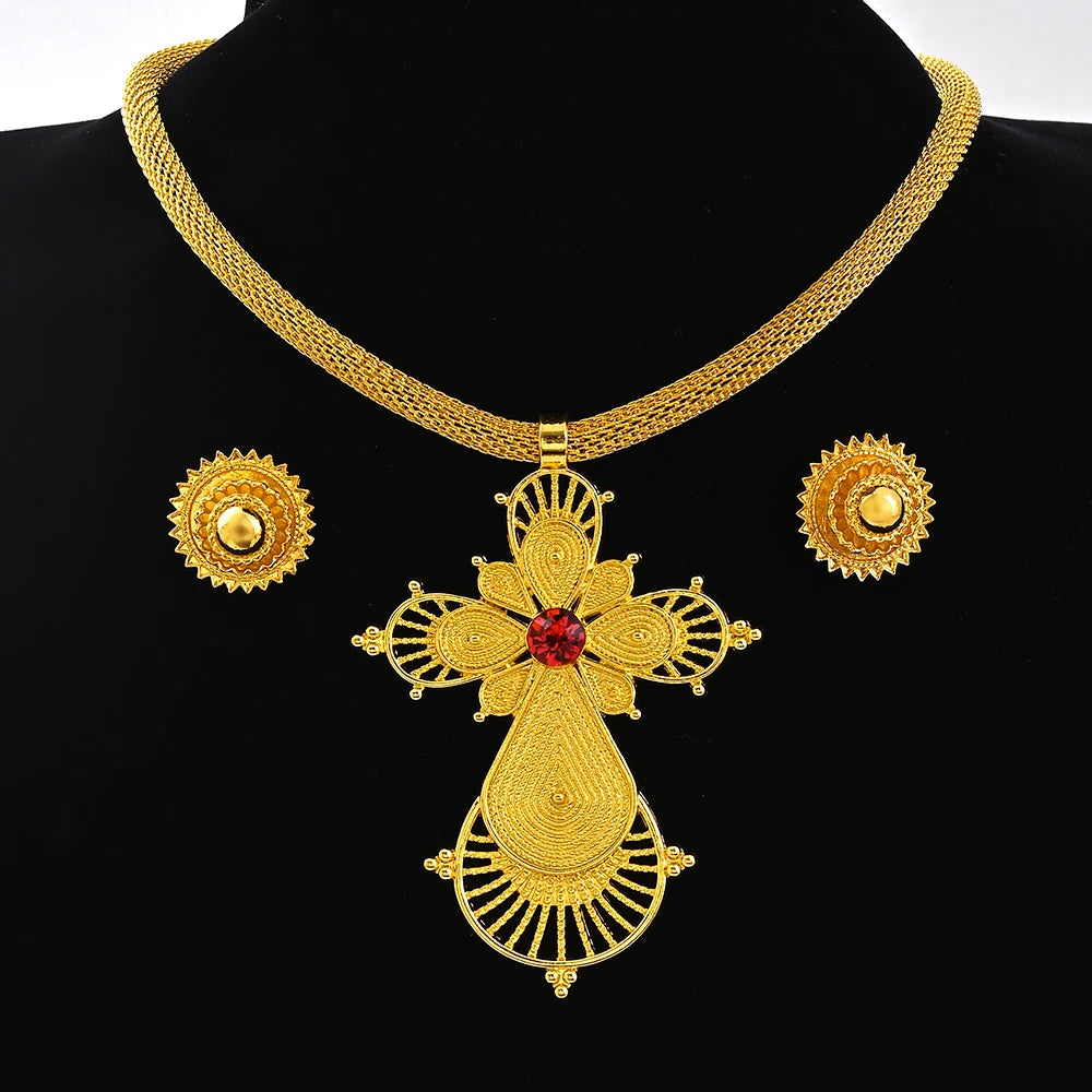 Saudi Arabia 24K Gold Color Ethiopia Women Jewelry Necklace Earring African Arab Bridal Set Habesha Eritrea Party Gift