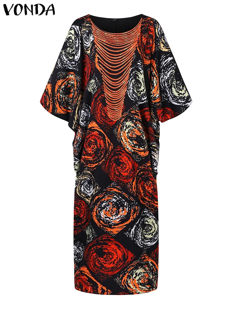 Plus Size VONDA Women Foral Printed Maxi Dress 2024 Causal Puff Sleeve Round Neck Bohemian Long Sundress Holiday Eelgant Vestido