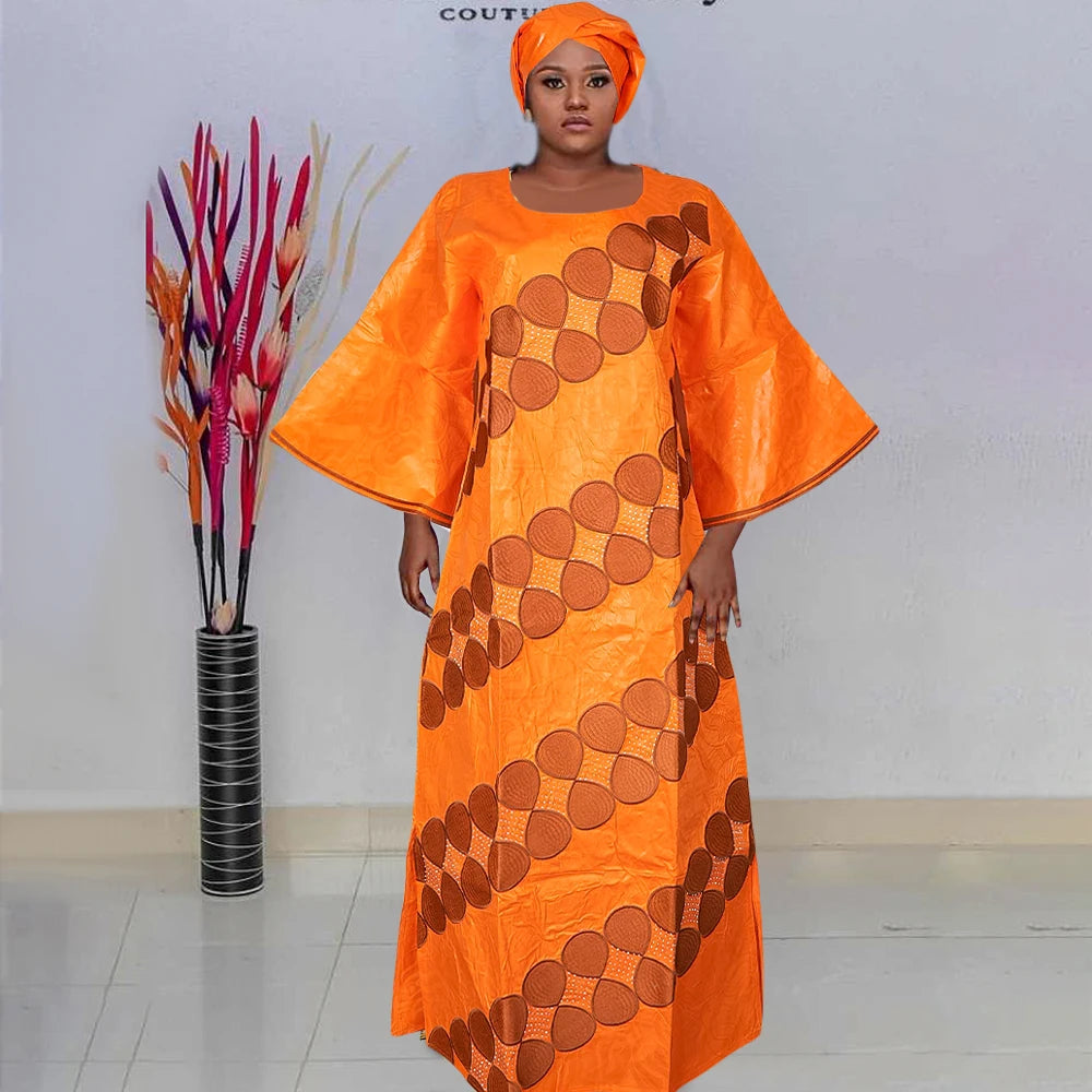 H&D New African Dresses For Women Embroidery Bazin Floral Dresses Ankara Rich Long Robes Nigeria Party Wedding Ramadan