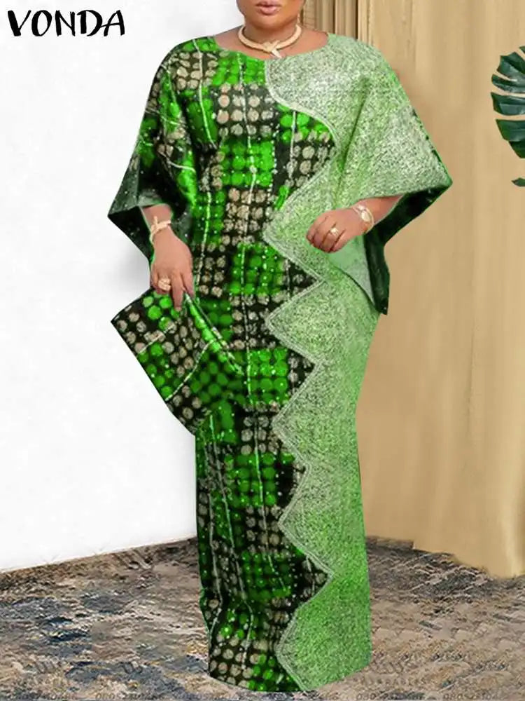 Plus Size VONDA Women Party Dress 2024 Bohemian Printing Sundress Casual Loose 3/4 Sleeve Robe Vintage Bat-wing Sleeve Vestidos