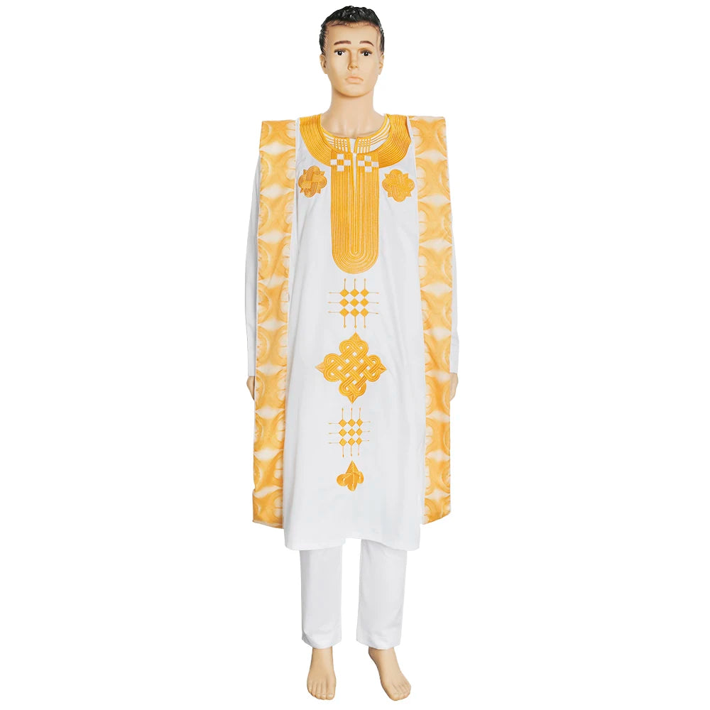 New African Clothes for Men Dashiki Tradition Outfit Robe Embroidery White Tops Pants Suits Bazin Muslim Wedding Party Clothing
