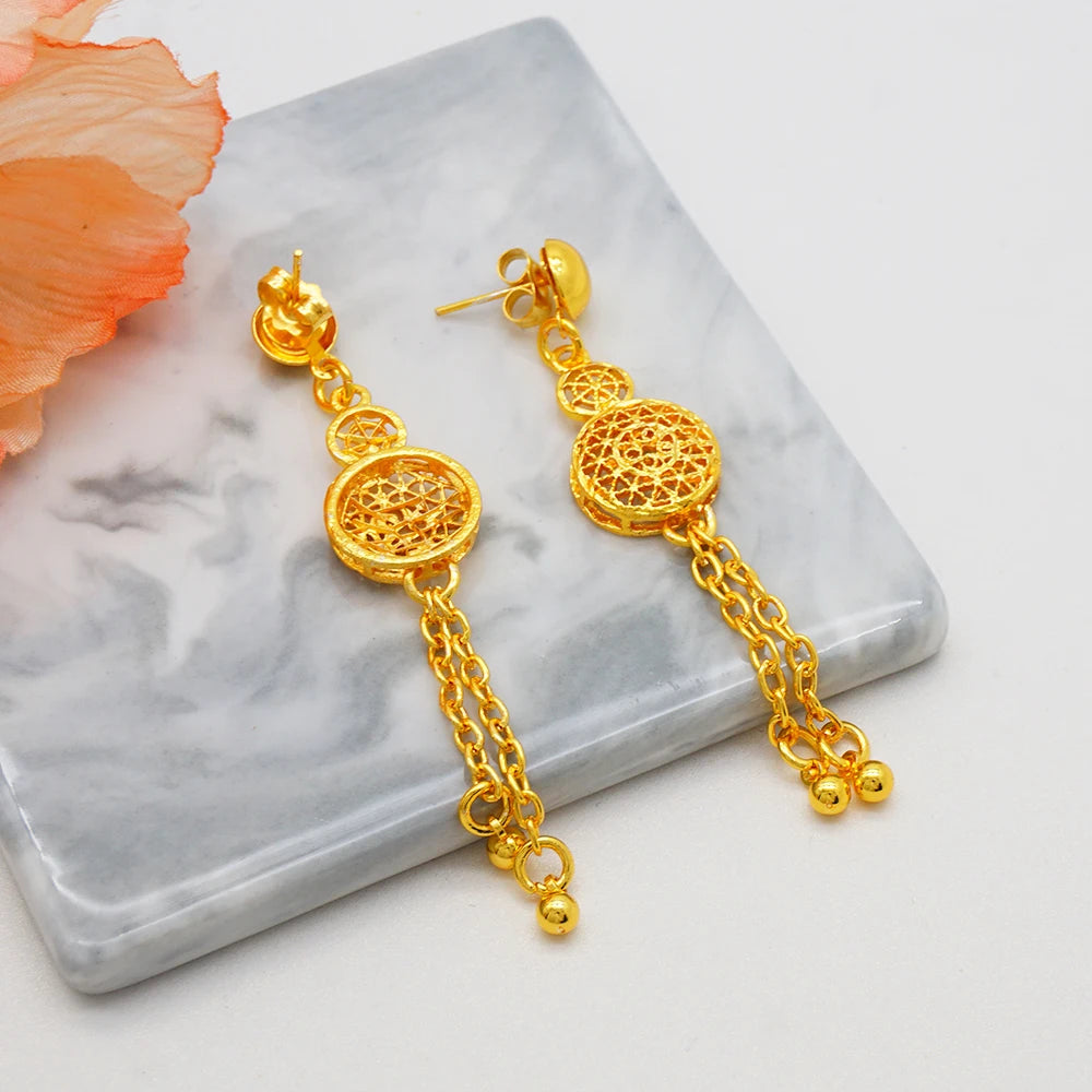 African Ladies Dubai 24k Gold Plated Long Necklace Set Bridal Banquet Wedding Jewelry Set Accessories