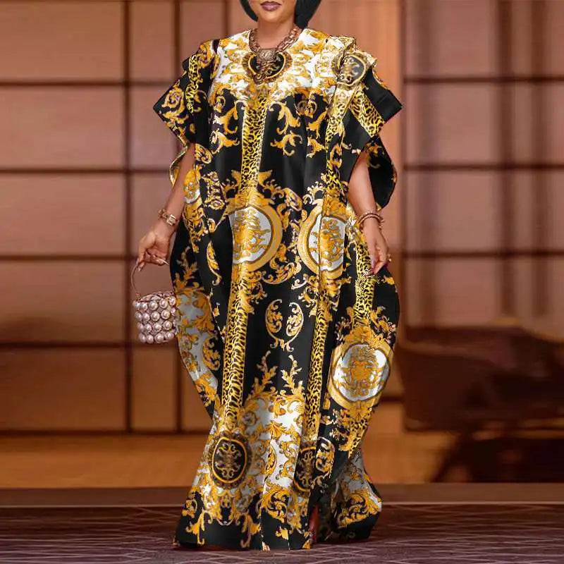 VONDA Plus Size 5XL Elegant Maxi Long Dress 2024 Fashion Satin Dress Sexy Printed Patchwork Bat-wing Sleeve Vestidos Ruffle Robe