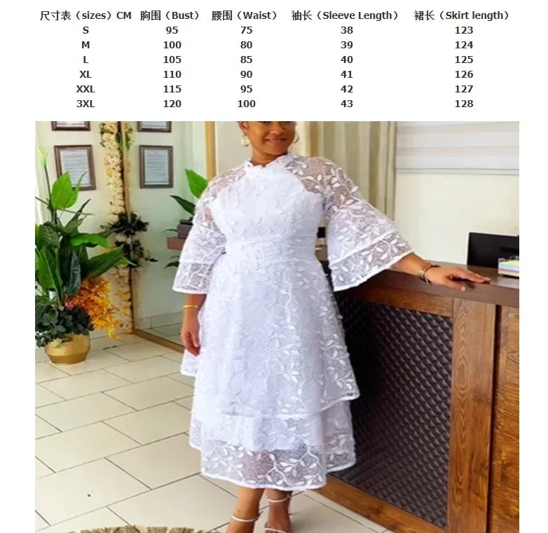 White Lace Dresses for Women Wedding Guests Elegant Turn Down Collar Puff Sleeves Pleated Hem Midi Dress Luxury Occasion Clothes