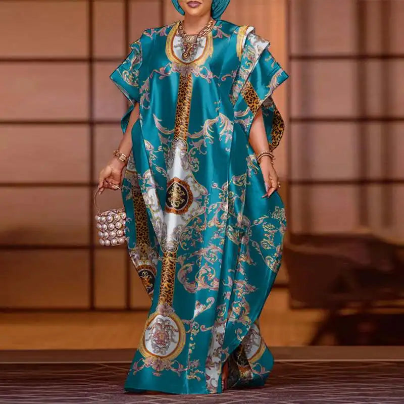 VONDA Plus Size 5XL Elegant Maxi Long Dress 2024 Fashion Satin Dress Sexy Printed Patchwork Bat-wing Sleeve Vestidos Ruffle Robe