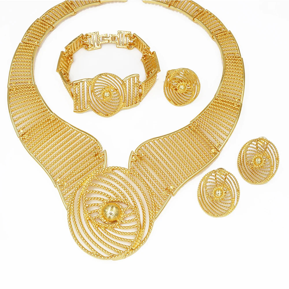 Africal Gold Color Big Jewelry Set Hollow Out Design Necklace Bracelet Earring Ring For Women Bridal Wedding Jewellery Gift