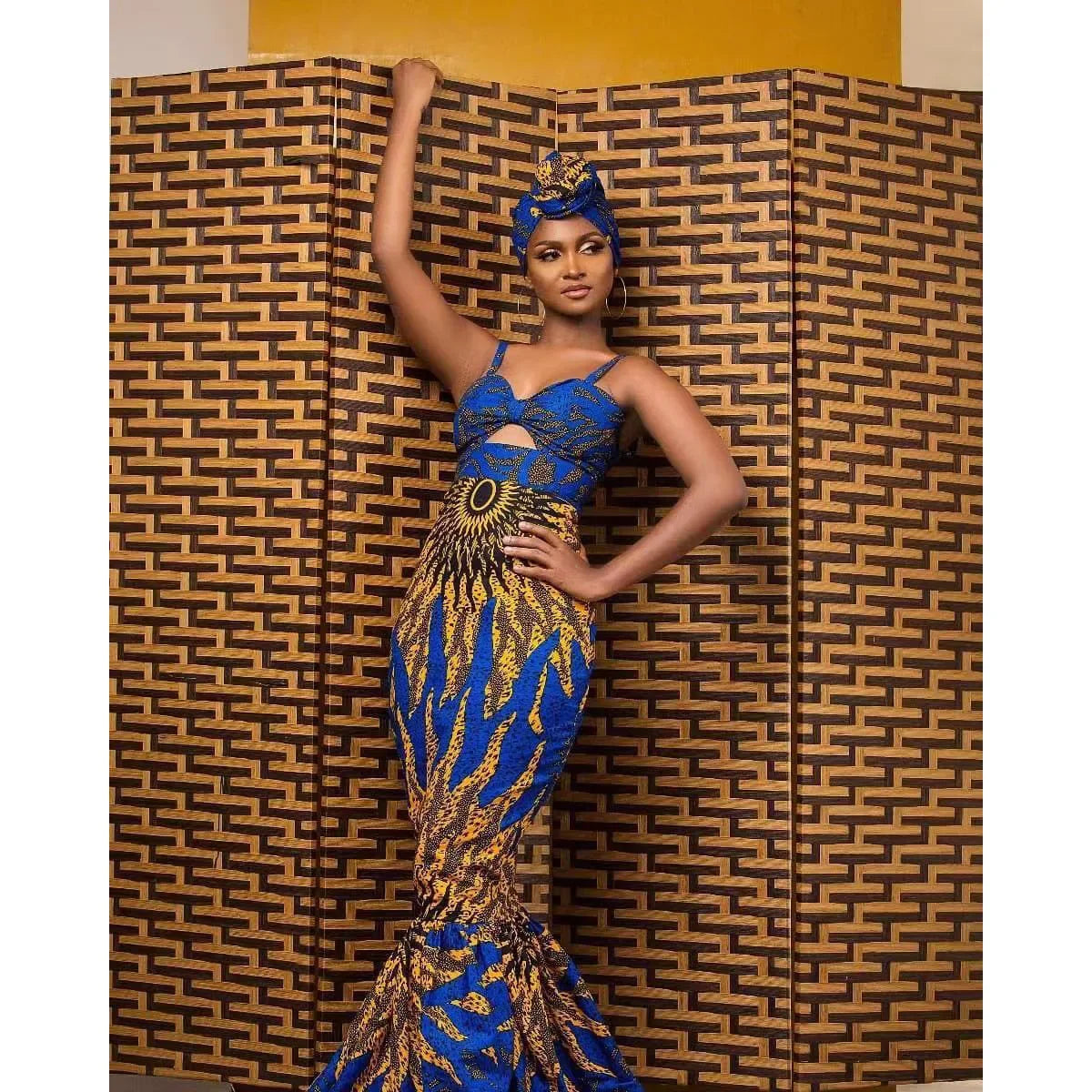 African Women's Clothing Bodycon Hollow Out Printed Dress Fishtail Suspenders Maxi Skirt Banquet Party Dress Slim Fit Hollow Out