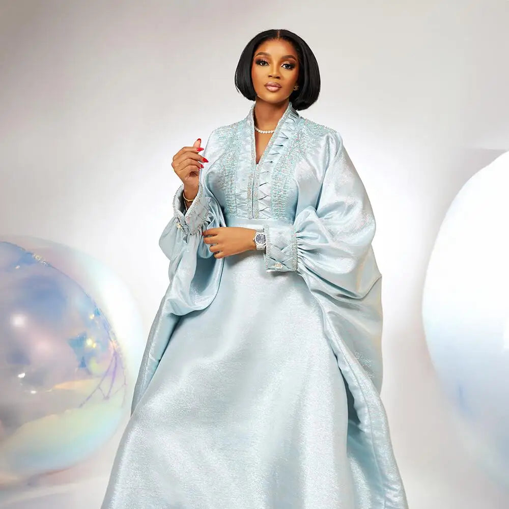 fashion turkey dresses for woman luxury elegant 2025 V-neck rhinestones dresses for church boubou  african dresses