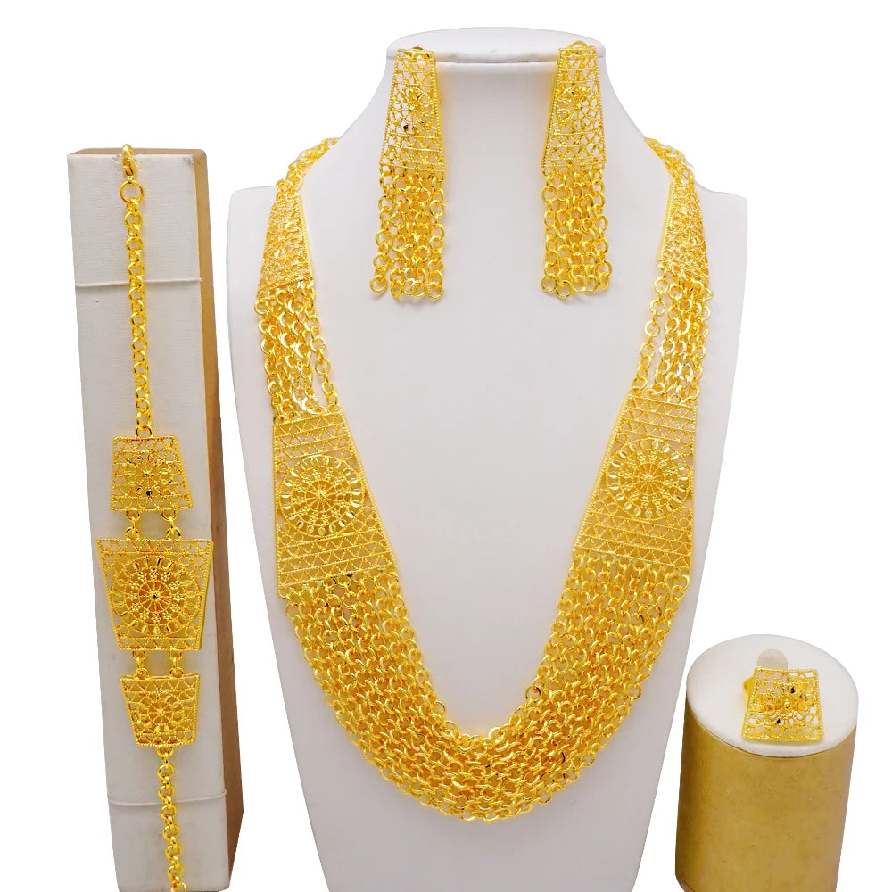 Dubai Jewelry Set Golden Color Drop Earring Cuff Bracelet Bangle Pendant Necklace Arab Wedding Gift