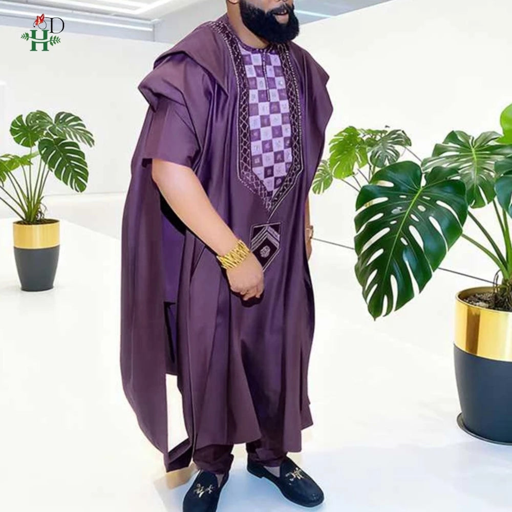 H&D African For Men Traditional 3PCS Outfit Thobe Set Purple Agbada Embroidered Robe Plus Size Wedding Christmas BouBou Ramadan