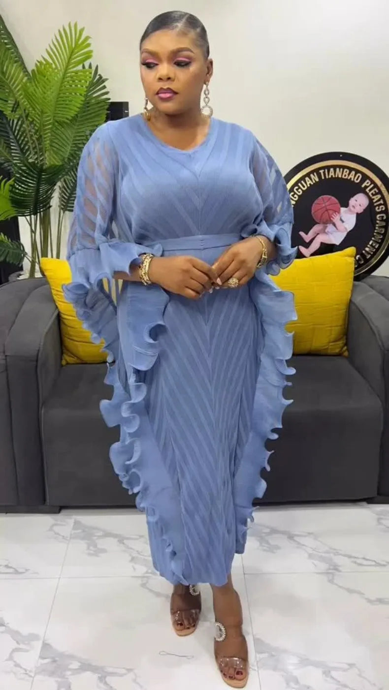 ANLAN Ruffles Pleated Dress Women V Neck Hanging Loose Style Dresses with Belt Female Elegant Clothing Spring 2025 New 2AN9083