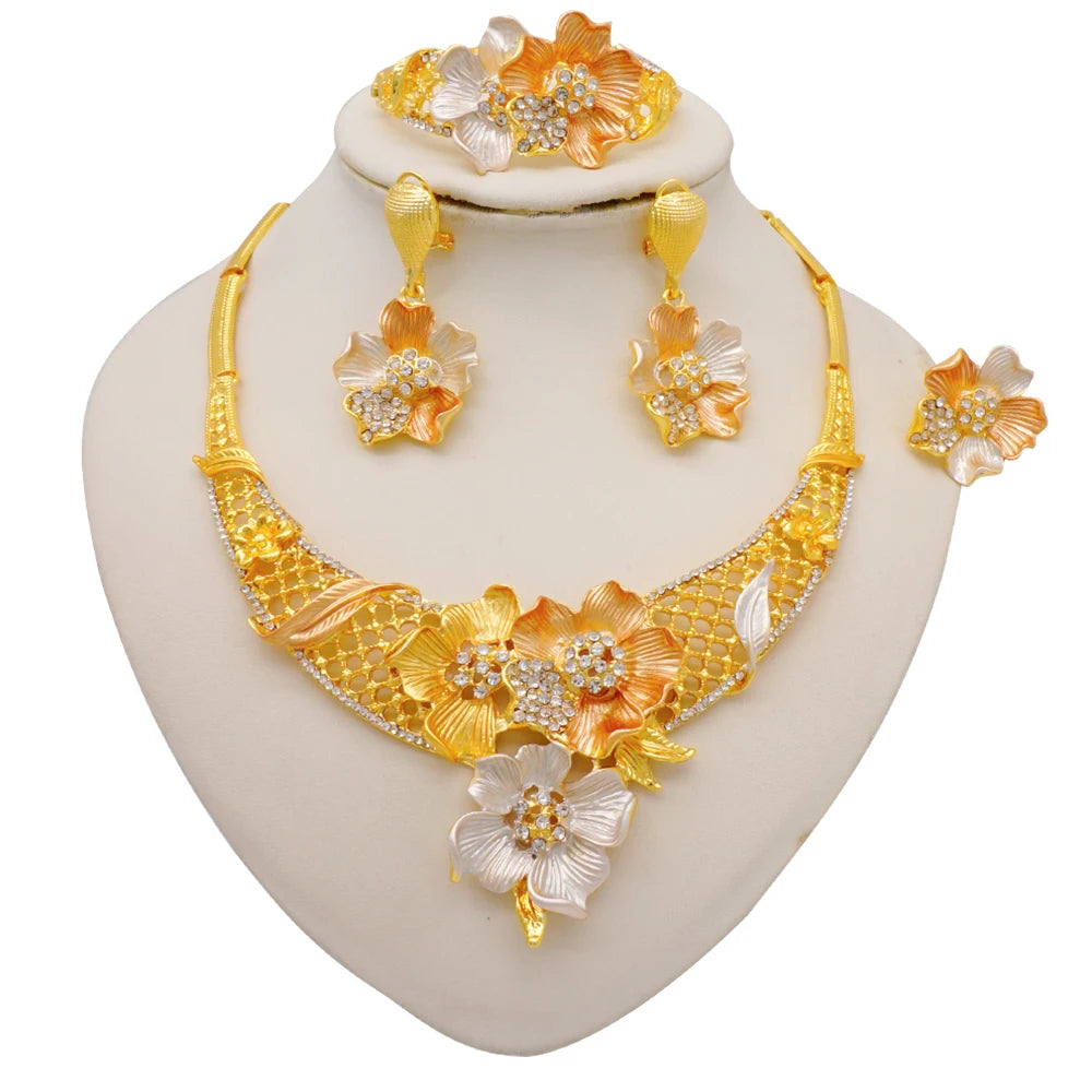 Dubai Gold Color Jewelry Set For Woman Bridal Nigerian African Long Chain Necklace Earrings Bracelet Ring Jewellery Set