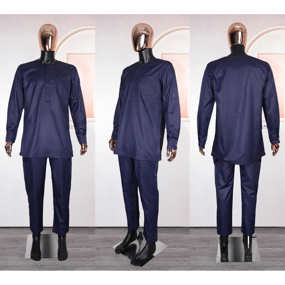 H&D African Suit For Men Robe Shirt Pants Set Long Sleeve Tops Embroidery Agbada Clothes Blue Africain Homme Traditional Robes