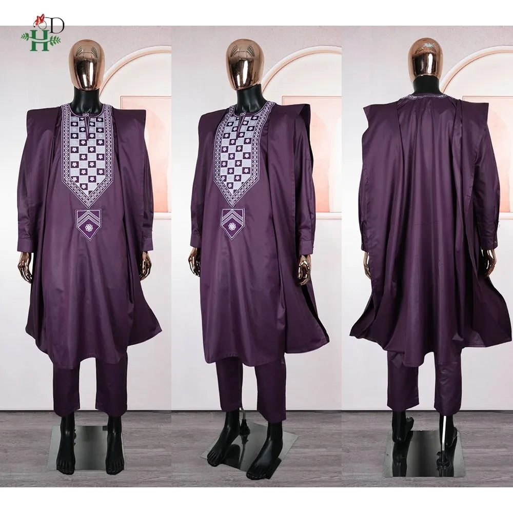 H&D African For Men Traditional 3PCS Outfit Thobe Set Purple Agbada Embroidered Robe Plus Size Wedding Christmas BouBou Ramadan