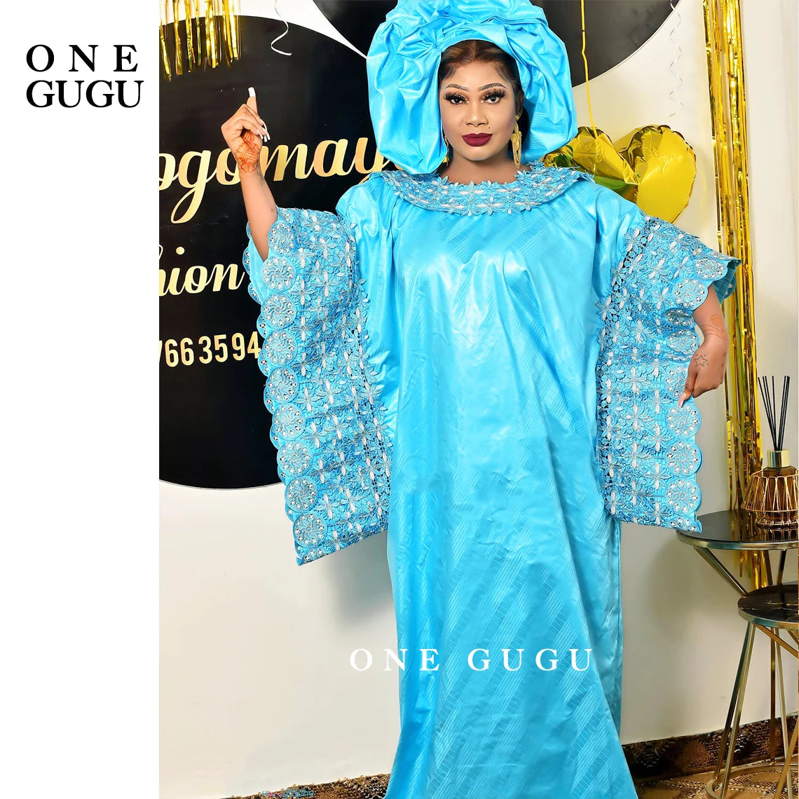 Sky Blue African Bazin Rich Dress Original Nigerian Basin BouBou Dashiki For Ankara Party Wedding Bride Robe Guipure Sewn Dress