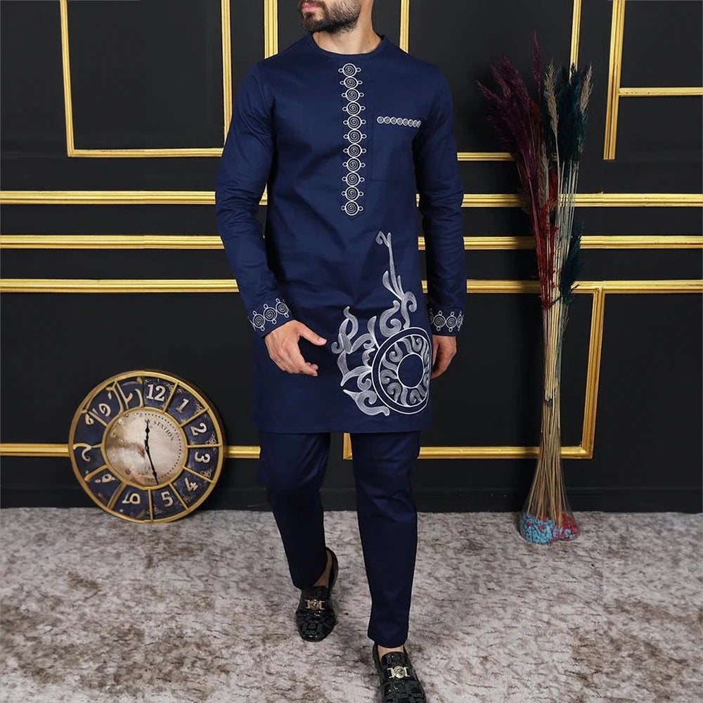 2026 Men's Elegant Long Sleeve Suit Shirt Pants 2-piece Round Neck Stitching Solid Color Party Long Sleeve African Ethnic Style