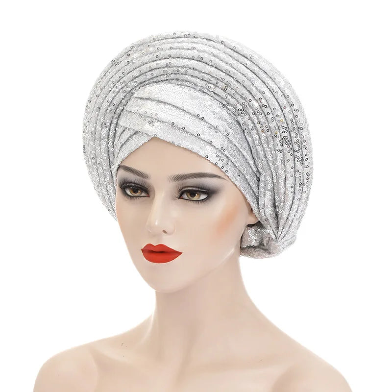 African Already Made Hat Auto Gele Women Hijab Headtie Nigeria Wedding Party Gele Female Head Wraps Headpiece Sequin Turban Caps