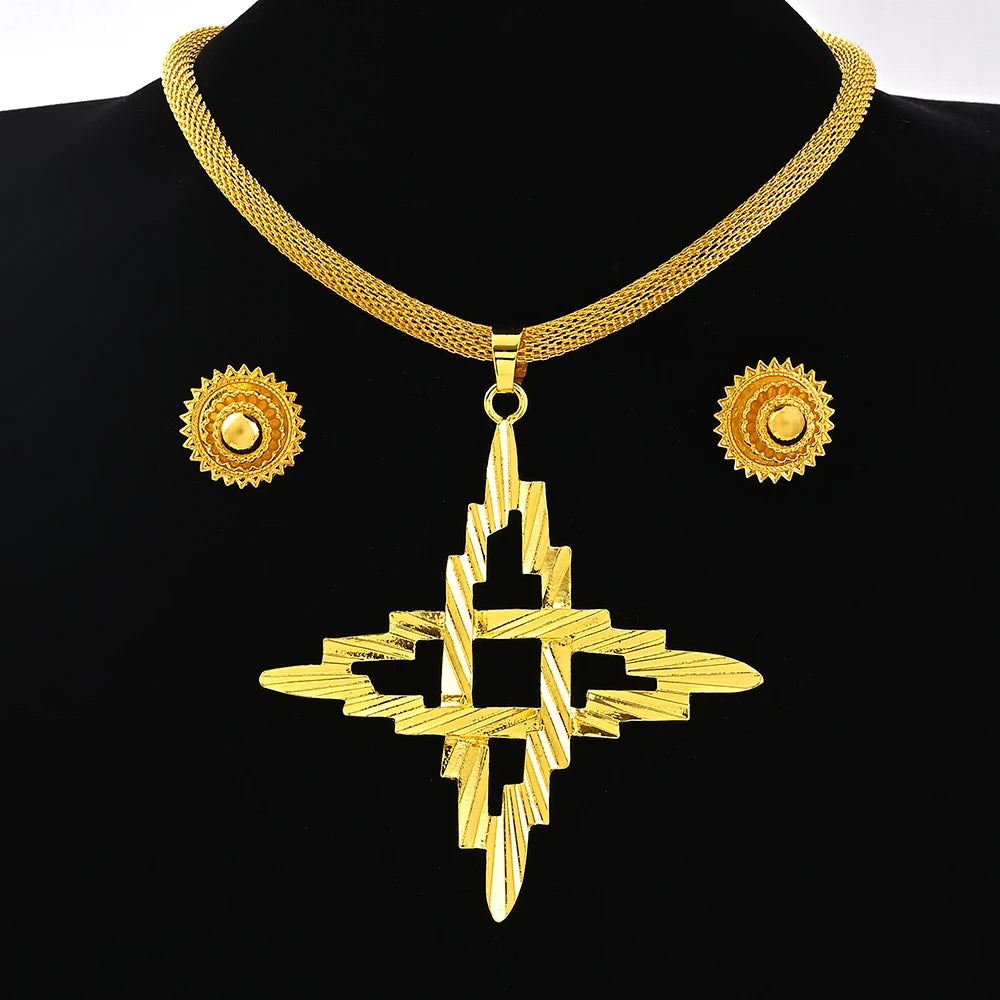 Saudi Arabia 24K Gold Color Ethiopia Women Jewelry Necklace Earring African Arab Bridal Set Habesha Eritrea Party Gift