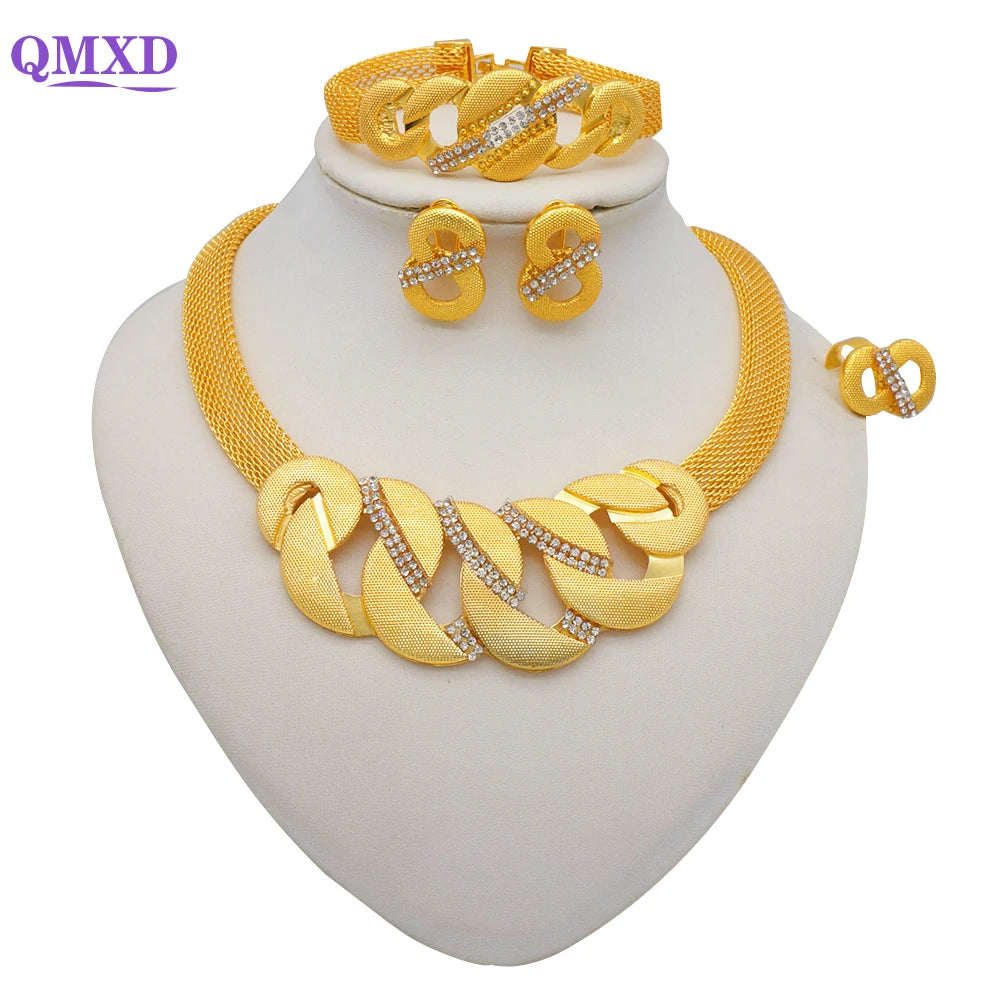 Trendy Nigerian Dubai Gold Color Jewelry Set For Women Tassel Long Chain Bridal Long Necklace Bracelet Earring Ring Wedding Sets