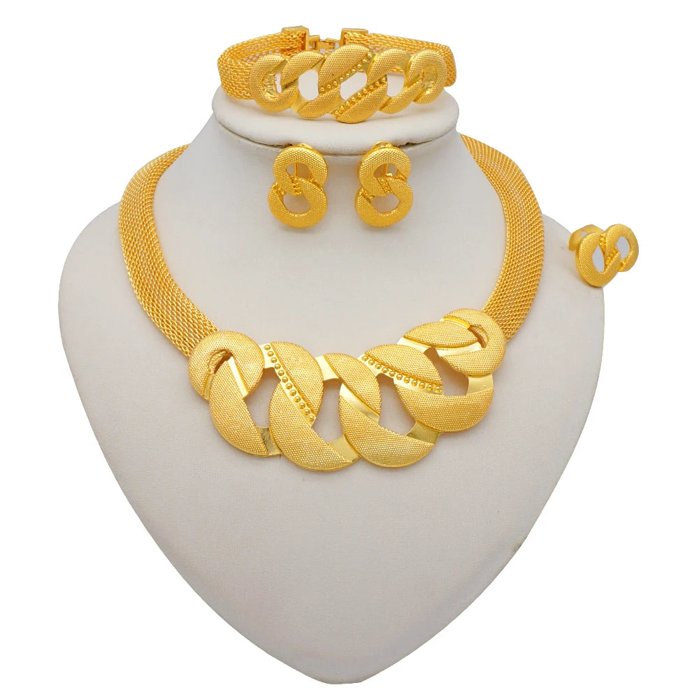 Necklace Sets For Women Dubai African Gold Color Jewelry Set Bride Earrings Rings Indian Nigerian Wedding Jewelery Set Gift