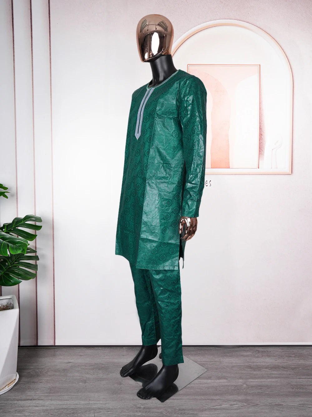 H&D South African Traditional Wear Formal Attire Bazin Riche Dashiki Outfits Green Shirt Pants Robe Suit Agbada Ramadan 2024