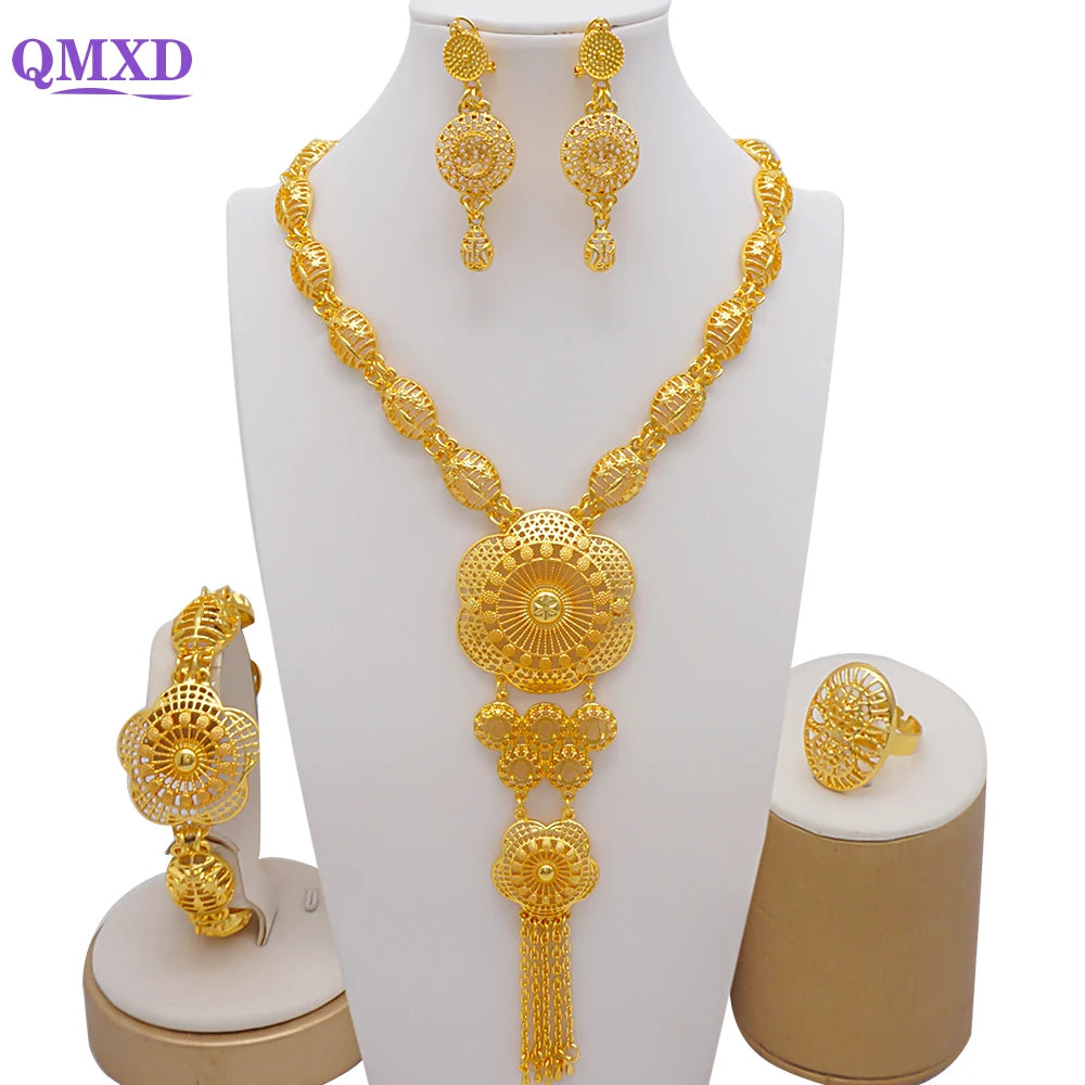 Trendy Nigerian Dubai Gold Color Jewelry Set For Women Tassel Long Chain Bridal Long Necklace Bracelet Earring Ring Wedding Sets