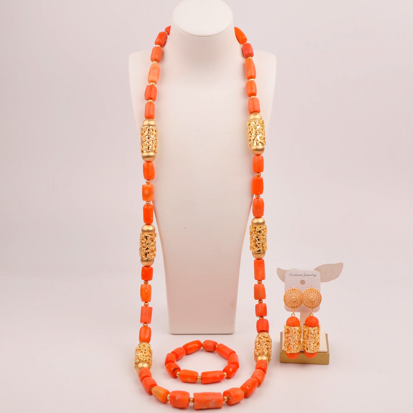 Orange Nigerian Artificial Coral Bead Necklace African Jewelry Sets