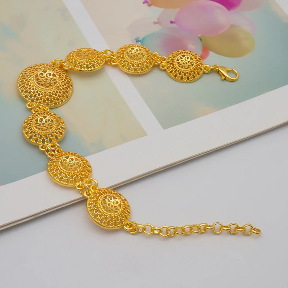 Trendy Nigerian Dubai Gold Color Jewelry Set For Women Tassel Long Chain Bridal Long Necklace Bracelet Earring Ring Wedding Sets