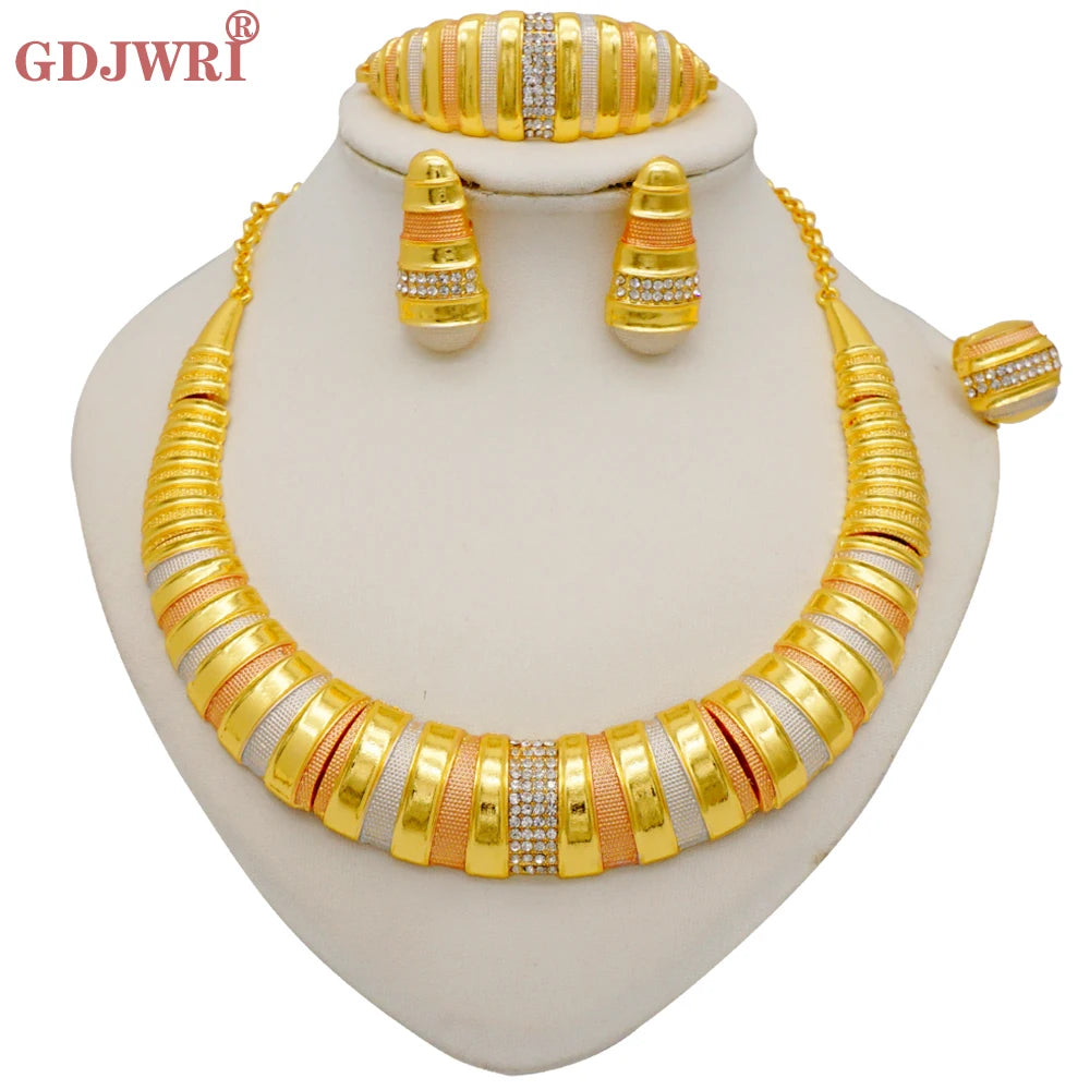 Necklace Sets For Women Dubai African Gold Color Jewelry Set Bride Earrings Rings Indian Nigerian Wedding Jewelery Set Gift