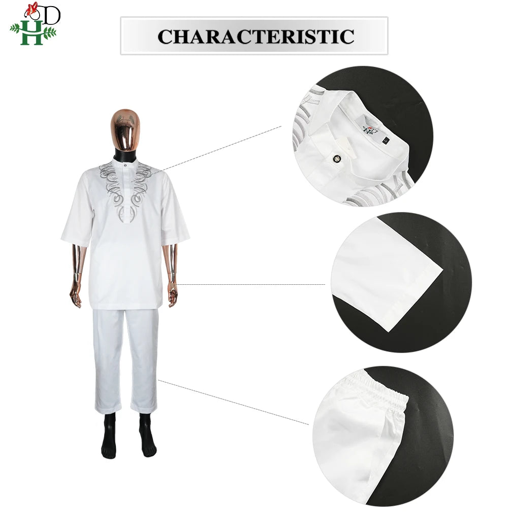 H&D African White Top And Pant 2 PCS Sets For Men Embroidery Work Wear Thobe Traditional Wedding Party Suits Plus Size Clothes