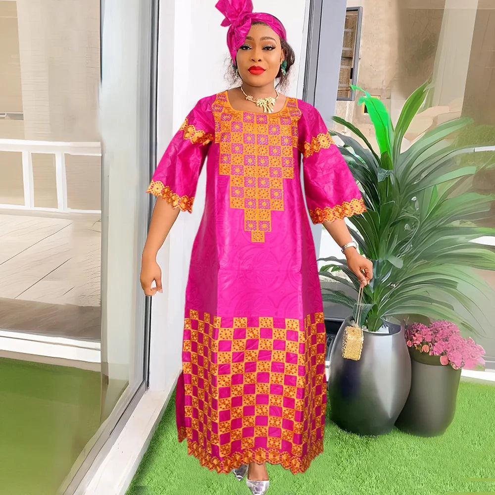 H&D New African Dresses For Women Embroidery Bazin Floral Boho Dresses Ankara Rich Long Robes Tradition Party Wedding Ramadan