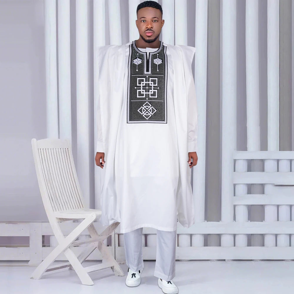 New African Clothes for Men Dashiki Tradition Outfit Robe Embroidery White Tops Pants Suits Bazin Muslim Wedding Party Clothing