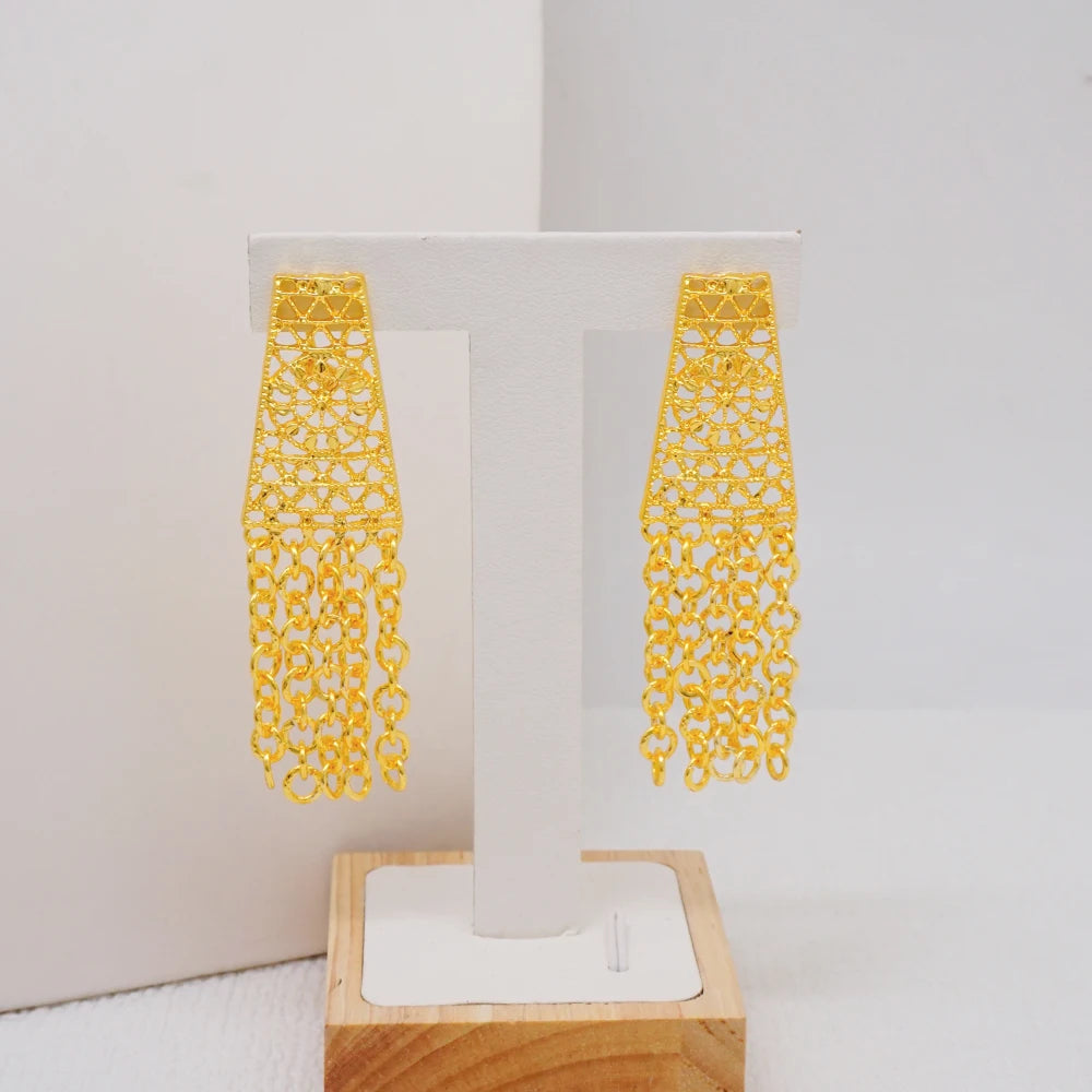 Dubai Jewelry Set Golden Color Drop Earring Cuff Bracelet Bangle Pendant Necklace Arab Wedding Gift