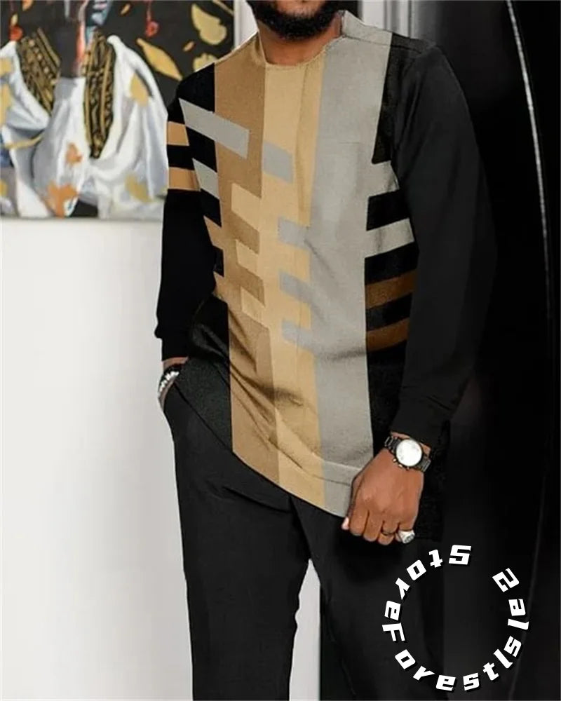 Men Tracskuit Set 2-piece Striped 3D Printed Casual Walking Suit Fashion Streetwear Long Sleeve T-Shirt Trousers Outfits